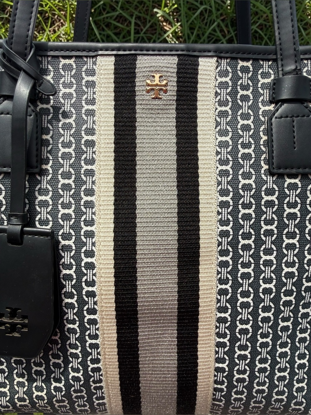 Tory Burch Black and White Logo Stripe Canvas Tote with Center Webbing - Picture 7 of 16
